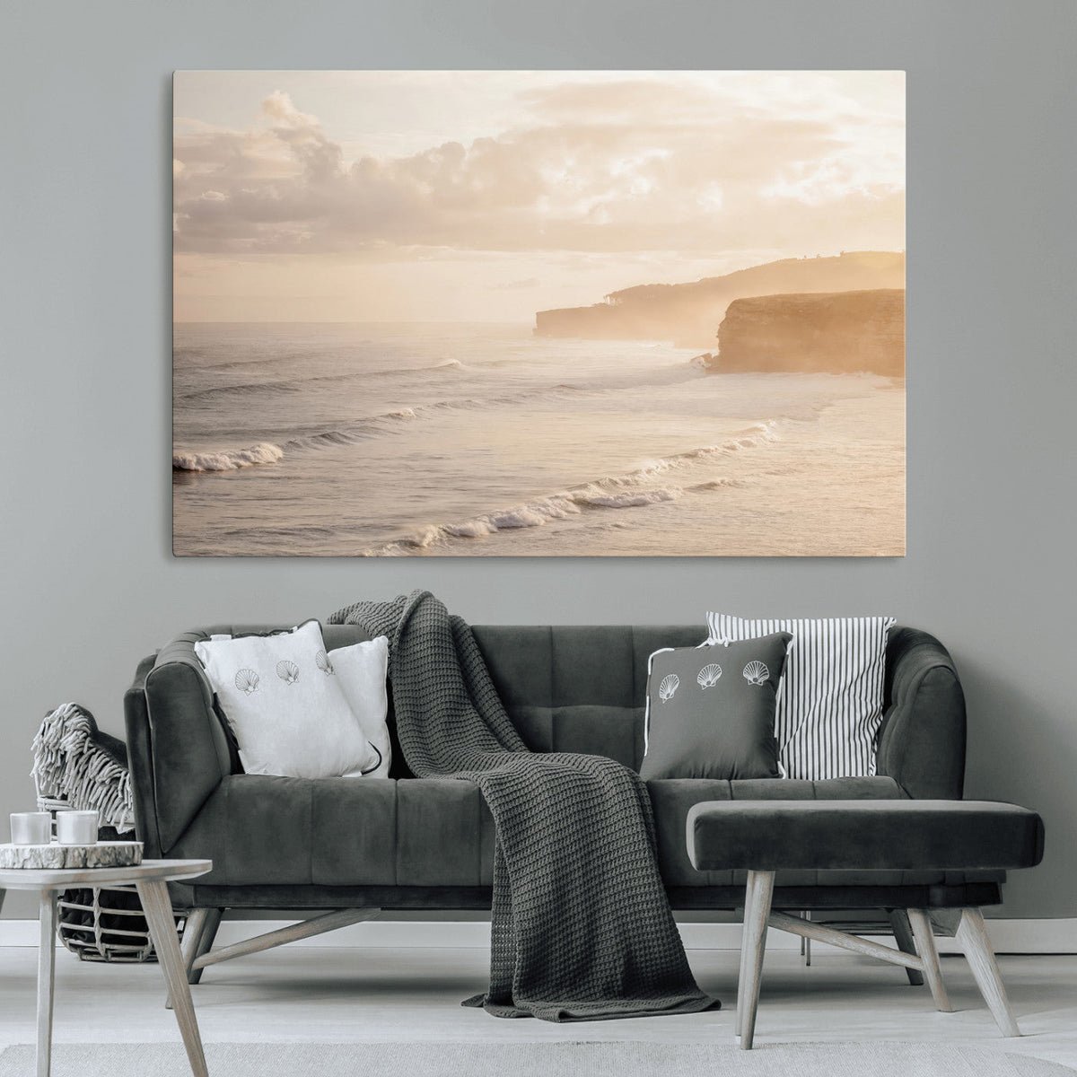 Misty Coastal Wall Art Canvas Print – Framed Golden Sunset