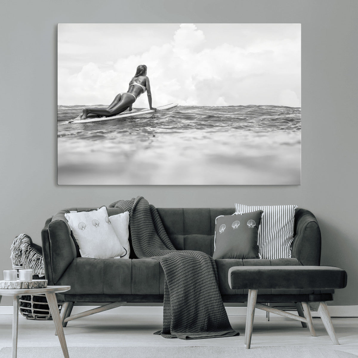 Black and White Surfing Wall Art Canvas Print – Framed Ocean
