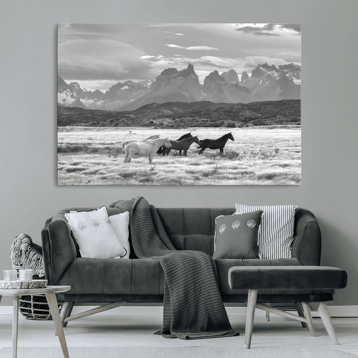 Wild Horses Wall Art Canvas Print – Framed Black and White