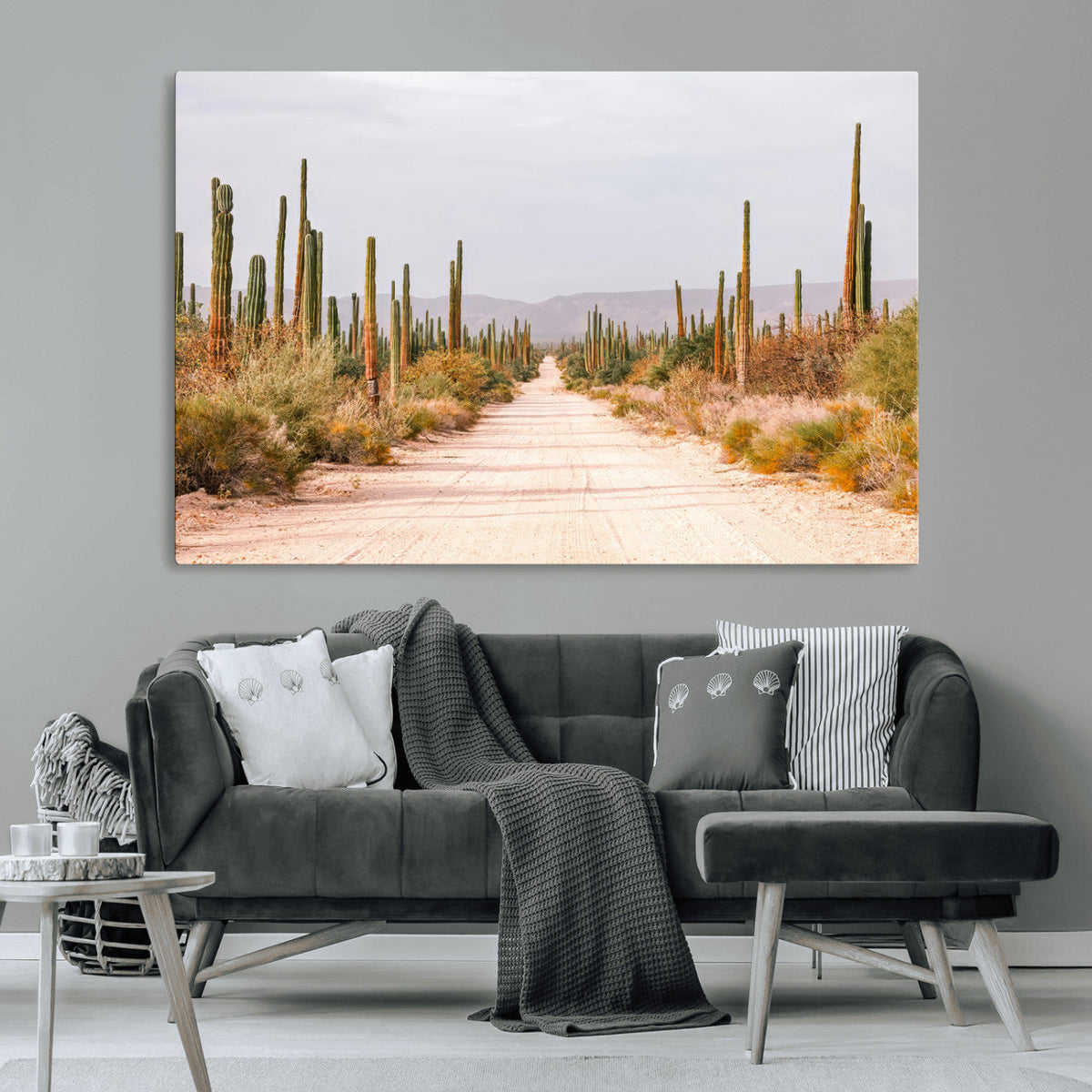 Desert Cactus Lined Road Wall Art Canvas Print – Framed