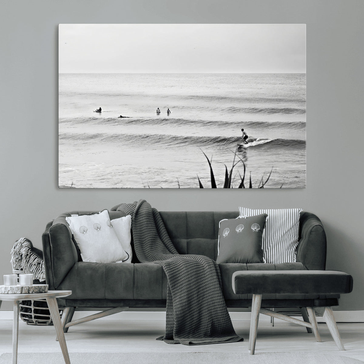 Surfer Silhouette Wall Art – Framed Calm Ocean Monochrome