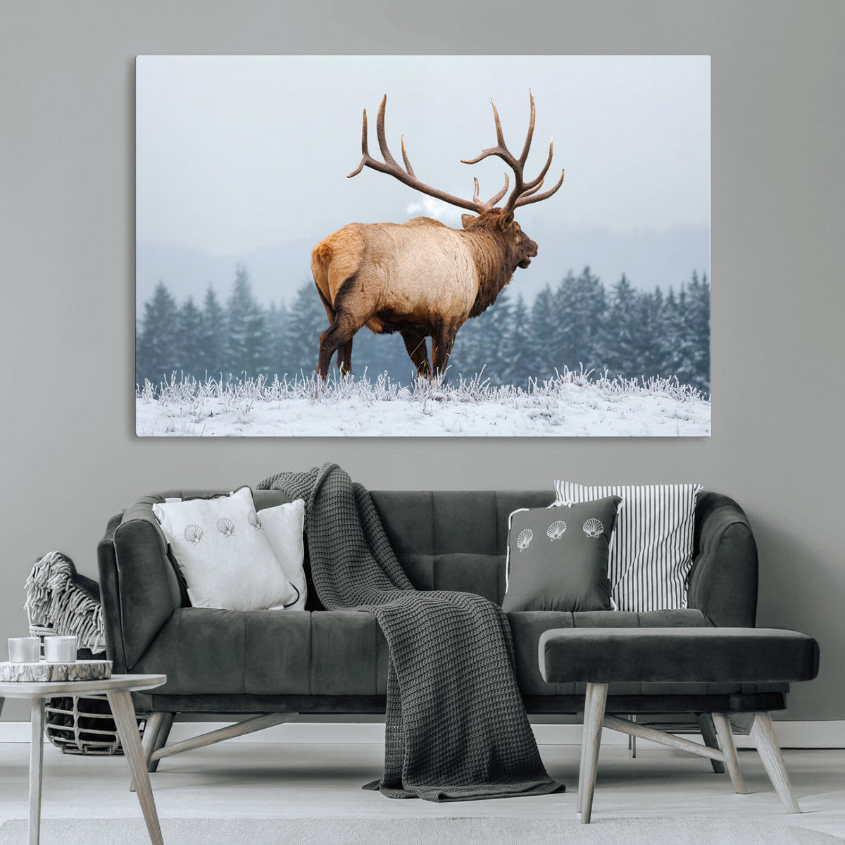 Elk Wall Art Canvas Print – Framed Snowy Forest Scene Art