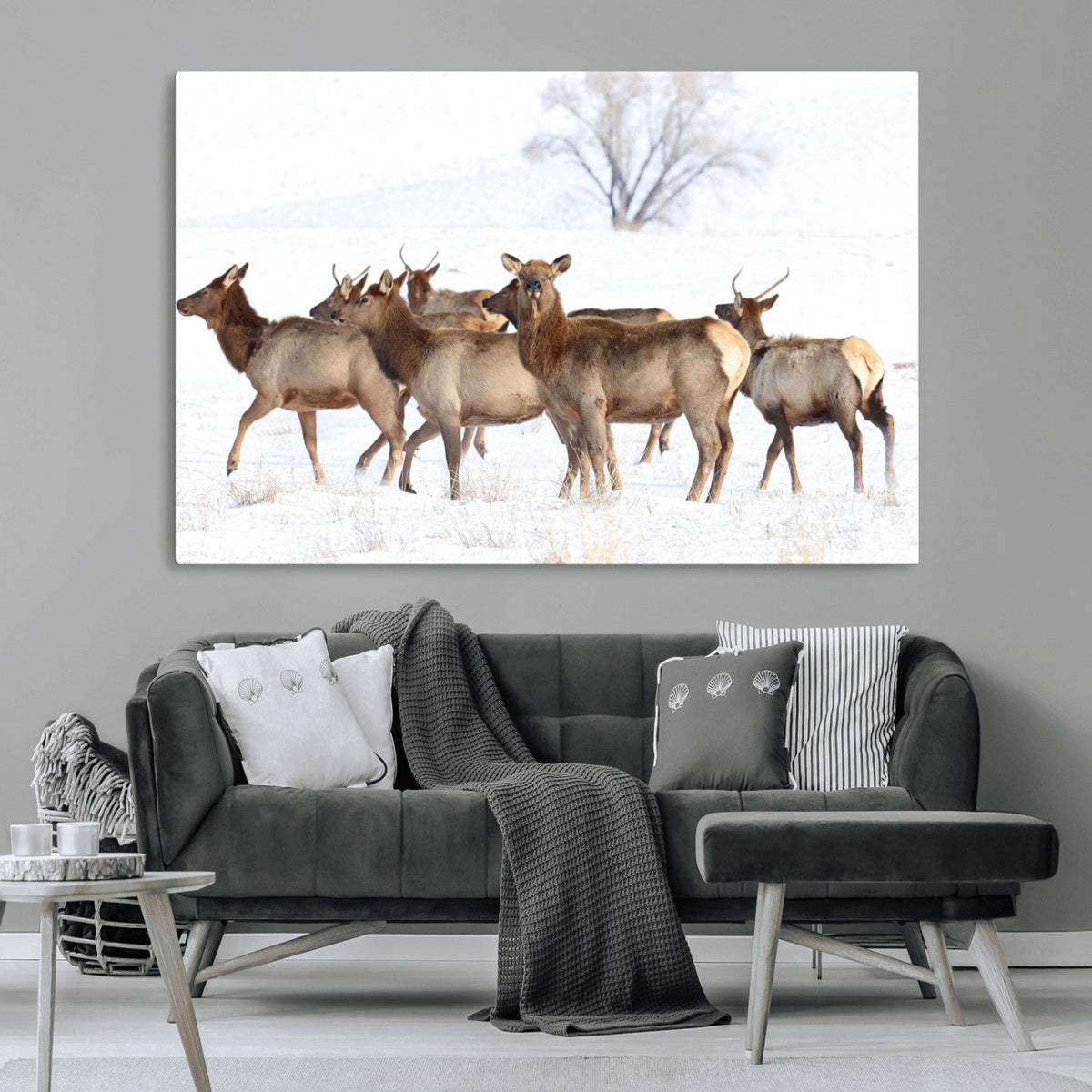 Winter Elk Scene Wall Art Canvas Print – Framed Wildlife