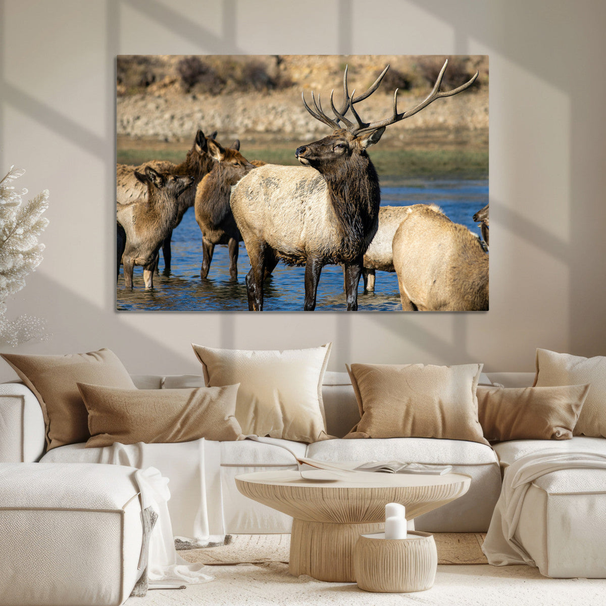 Wild Elk Wall Art Canvas Print – Framed Neutral Wildlife