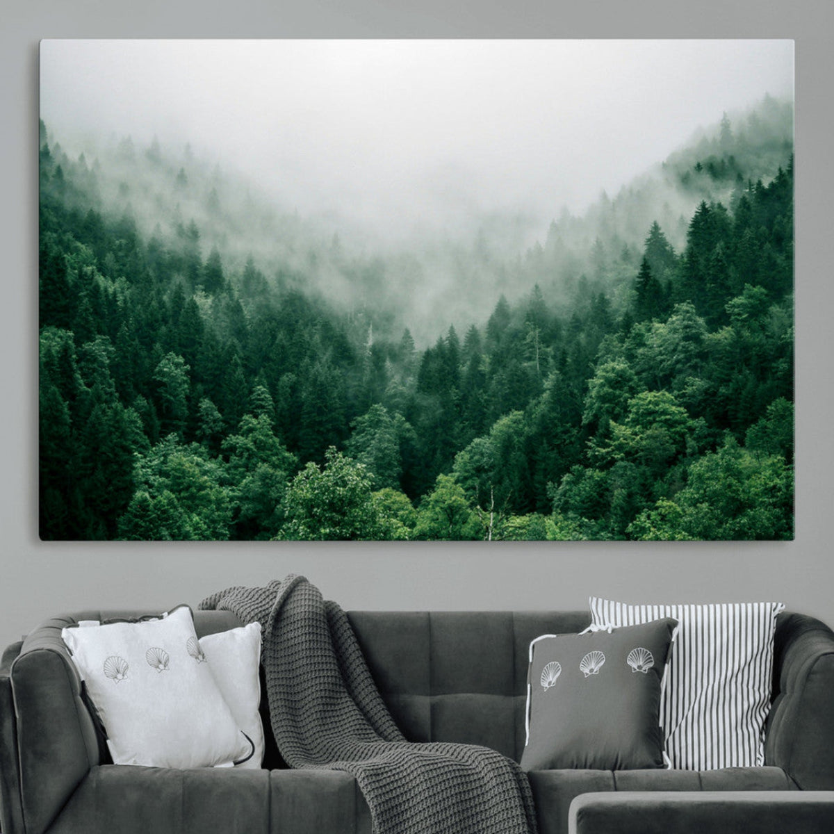 Misty Green Forest Canvas Print – Framed Serene Foggy Pine