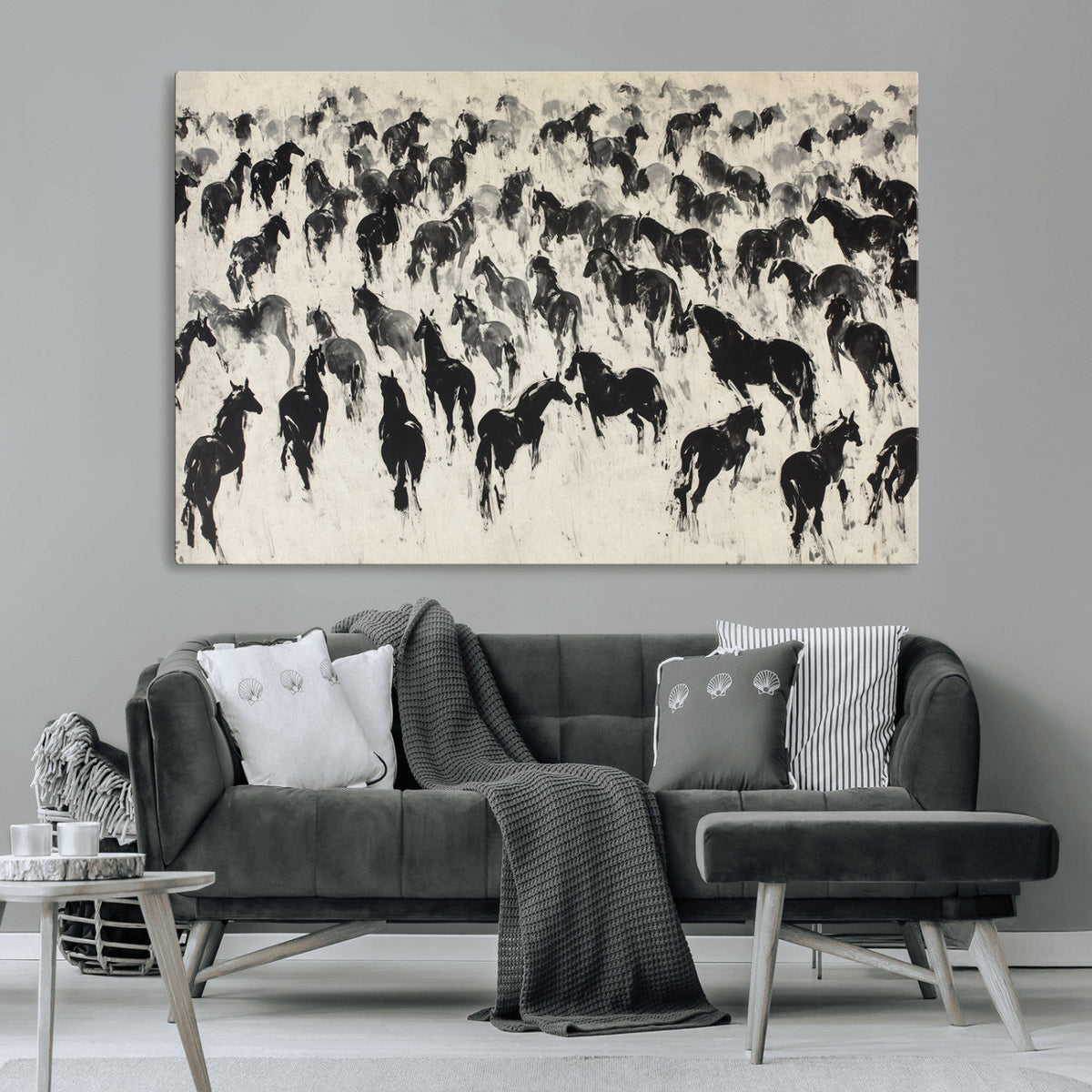 Wild Horse Stampede Wall Art Canvas Print – Monochrome