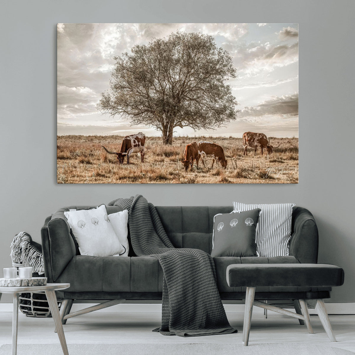 Texas Longhorn Cattle Wall Art, Rustic Western Ranch Canvas