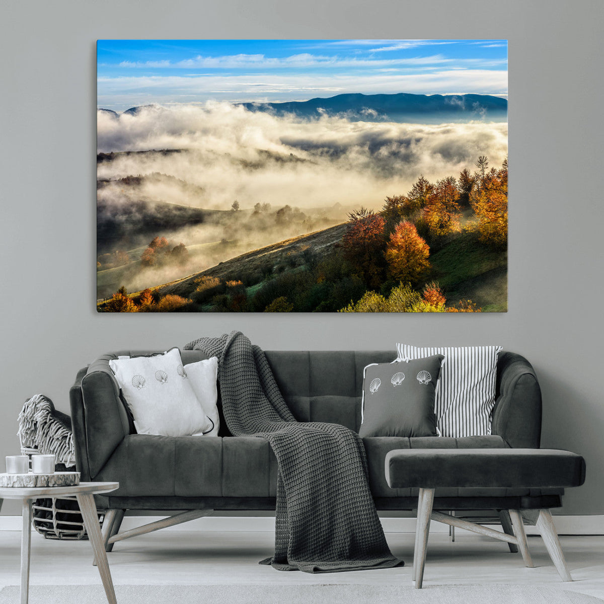 Misty Autumn Hills Wall Art Canvas Print, Foggy Forest