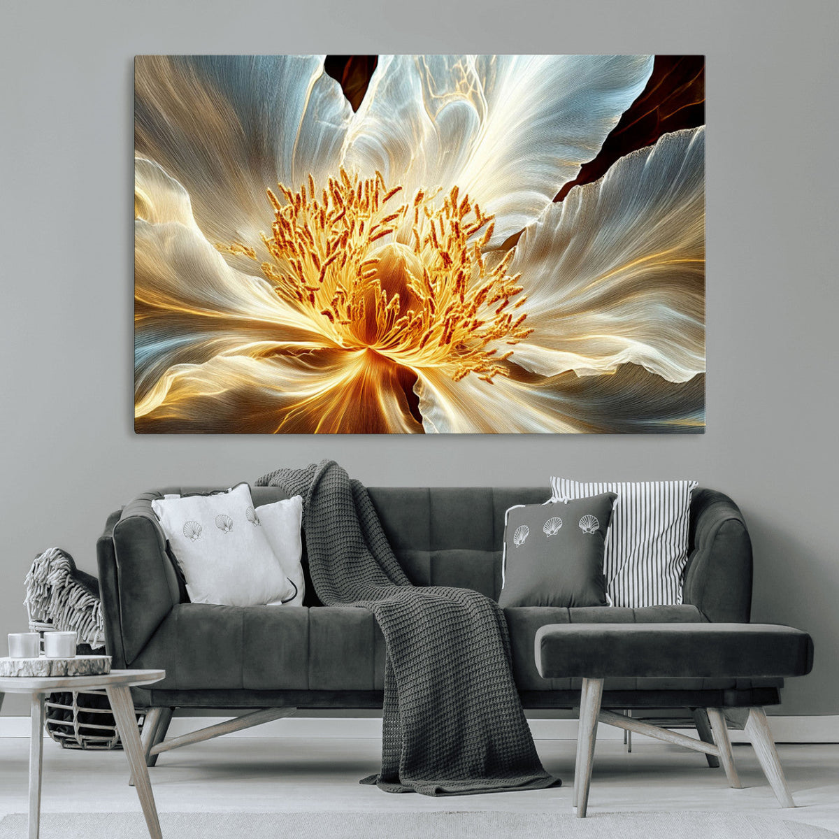 Golden Abstract Flower Canvas Wall Art, Modern Botanical