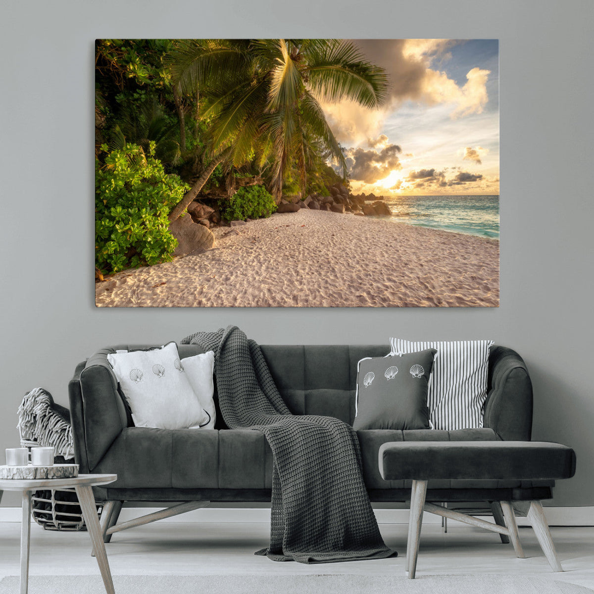 Tropical beach sunset, palm trees, white sand, ocean waves,