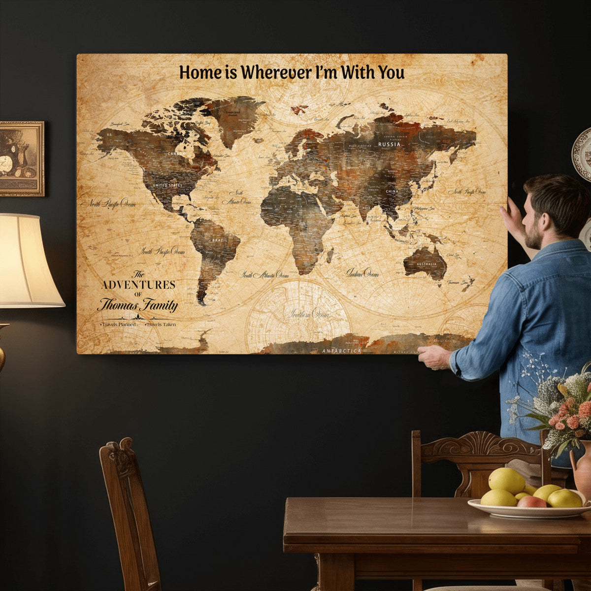 Vintage World Map Canvas Wall Art Print, Personalized