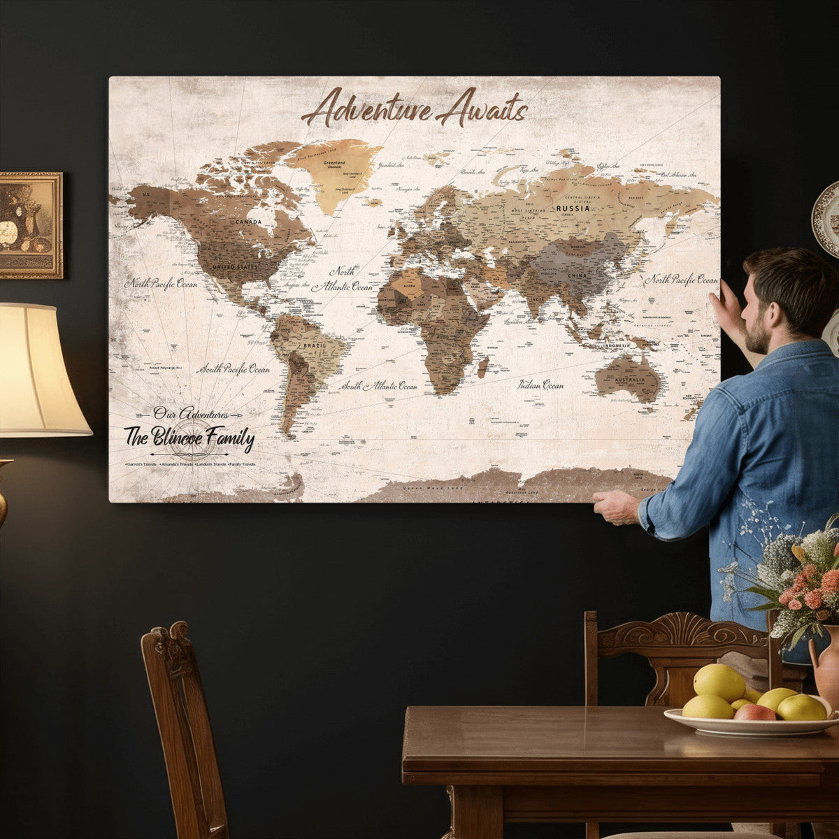 Custom Push Pin World Map Wall Art Canvas Print –