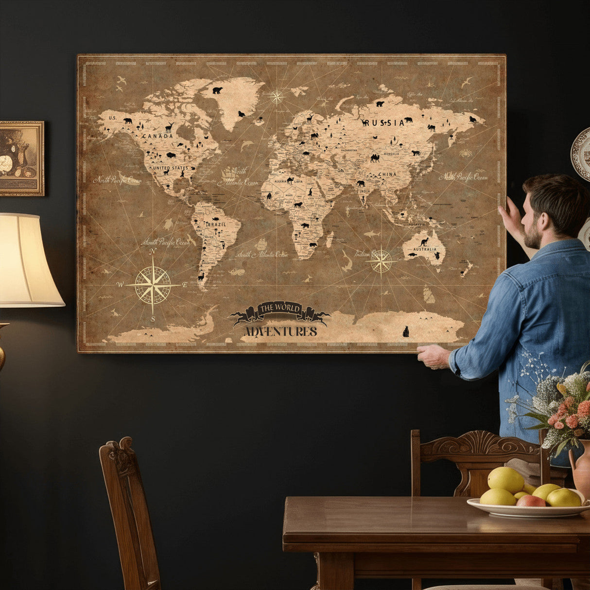 Custom Push Pin World Map Wall Art Canvas Print – Personalized Travel Tracker with Pins Framed Large for Home and Office Decor