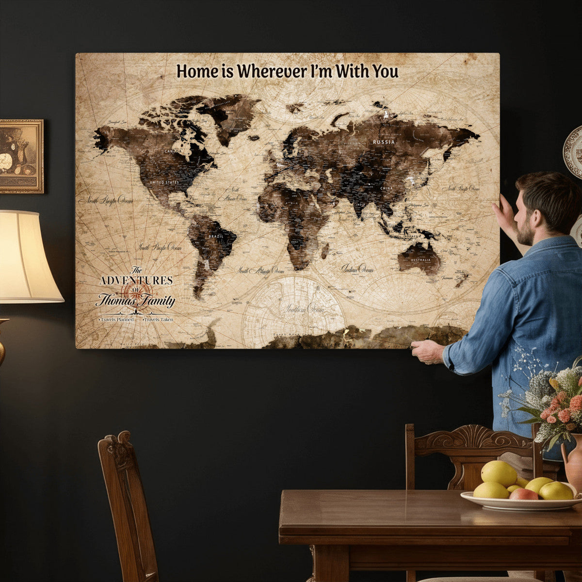 Personalized Framed World Map Wall Art Canvas Print – Custom