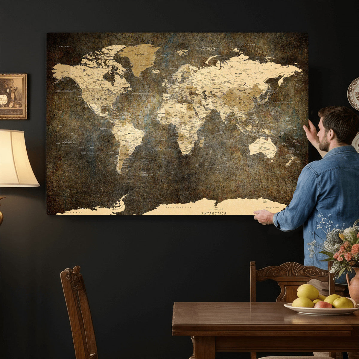 Large Framed Vintage World Map Wall Art Print for Home Wall