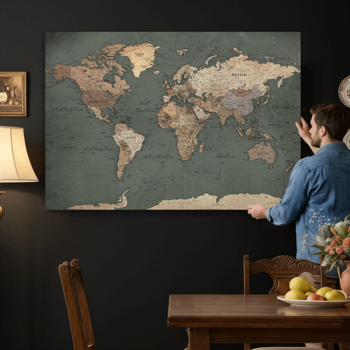 Rustic Black and Wood World Map Canvas Wall Art – Framed