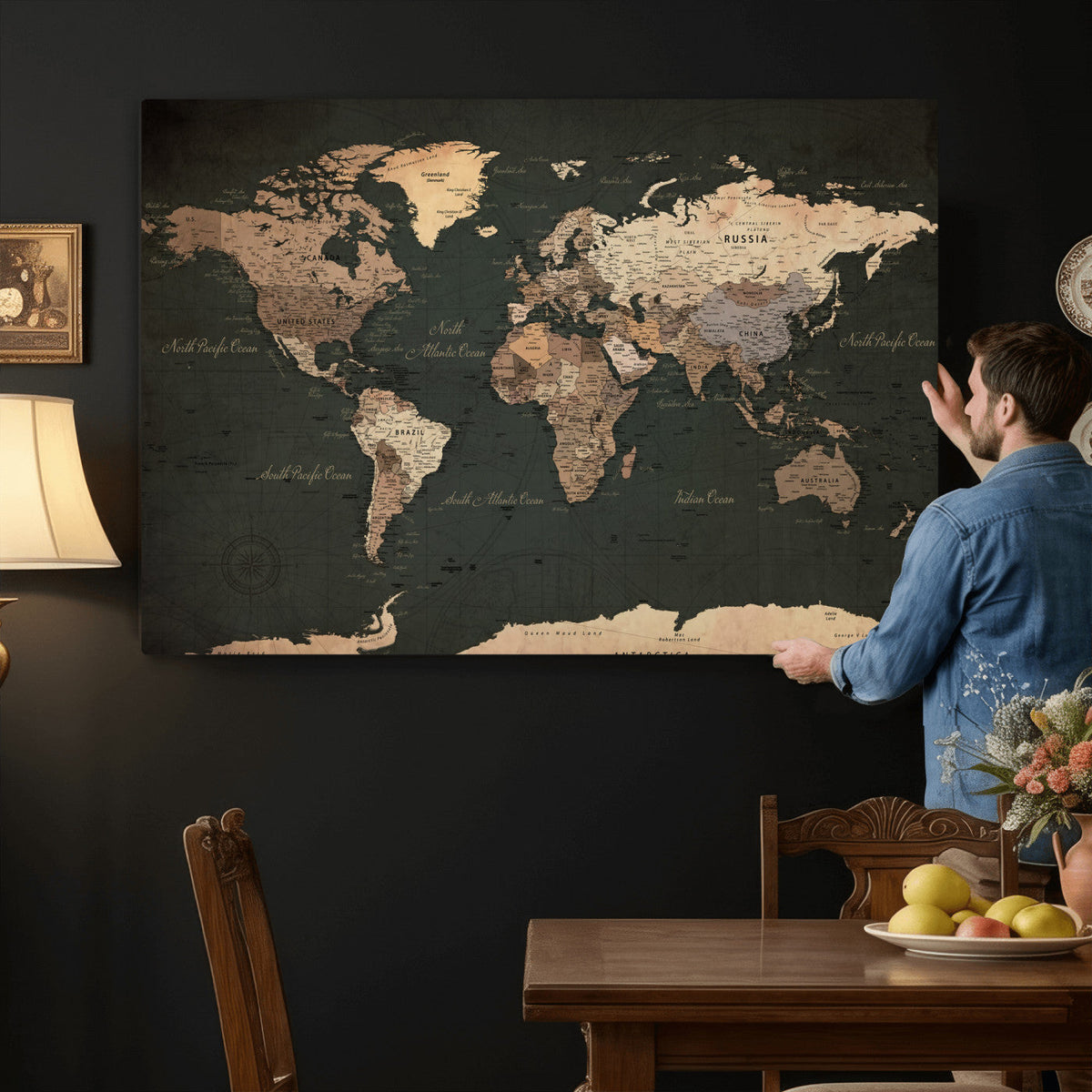 Vintage World Map Canvas Wall Art – Framed Travel Map for