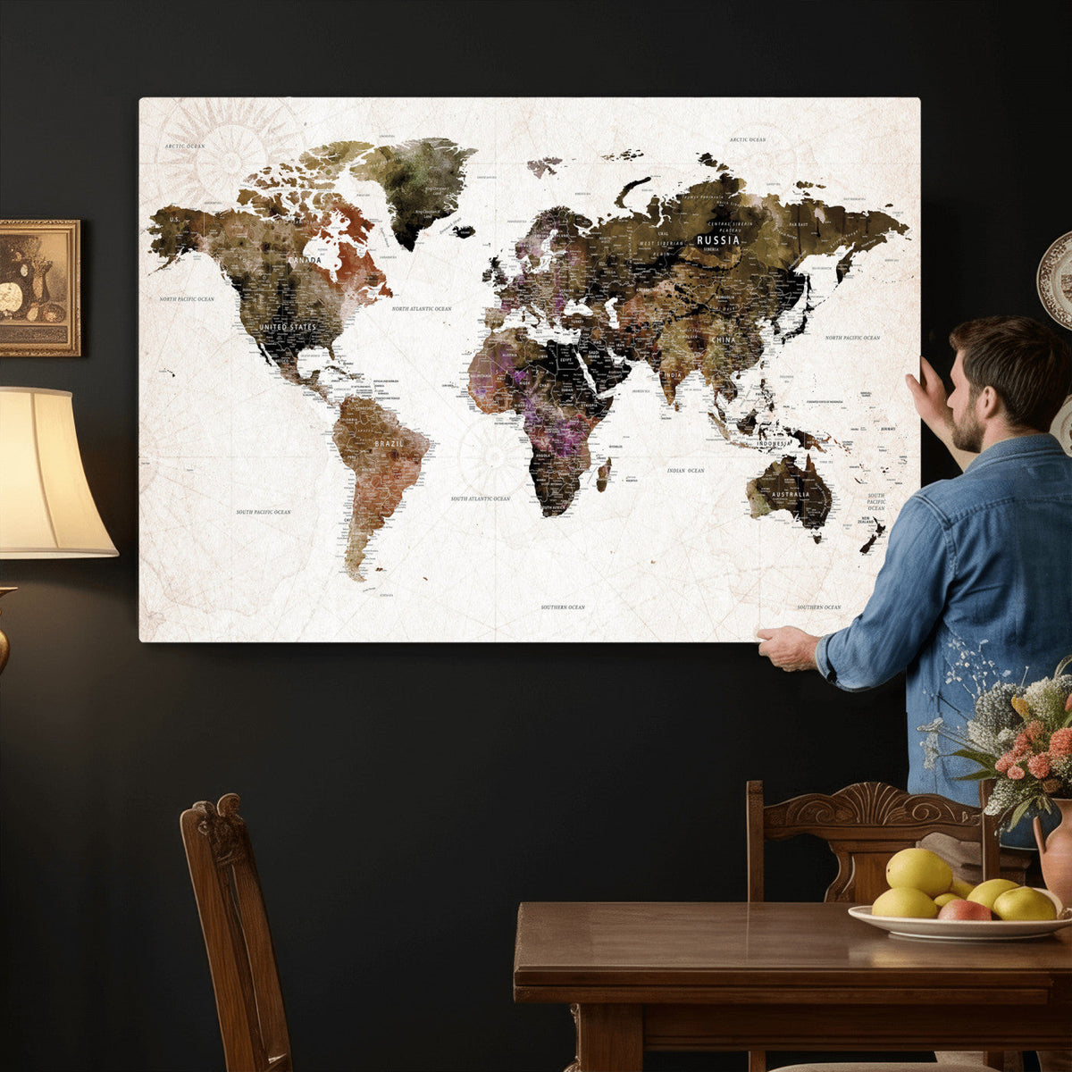 Watercolor World Map Print - Large Wall Art Canvas Print for
