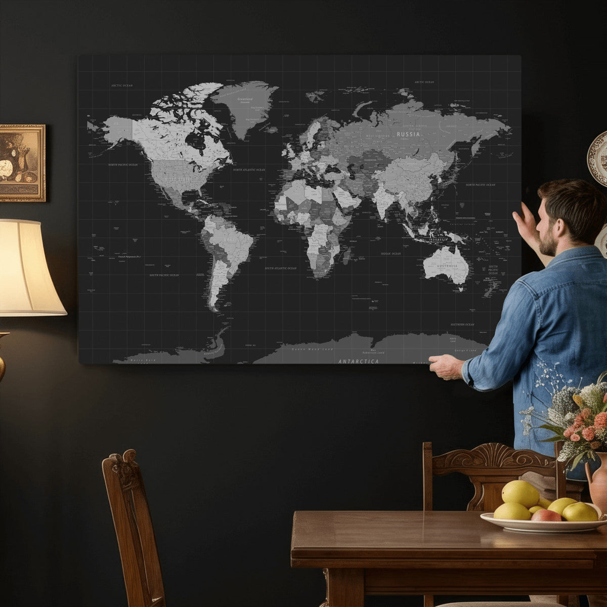 Black World Map Wall Art Canvas Print – Detailed Map of the