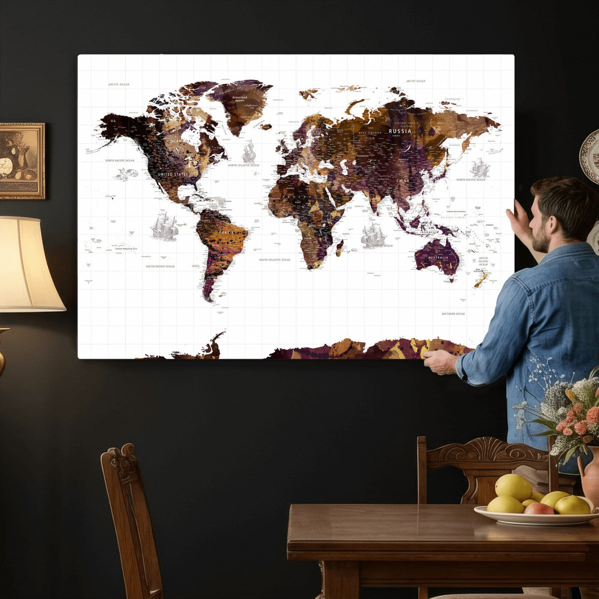 Rustic World Map Wall Art Canvas Print | Large World Map on