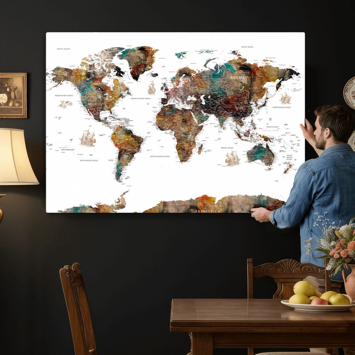 Watercolor World Map Canvas Print – Detailed Map of the