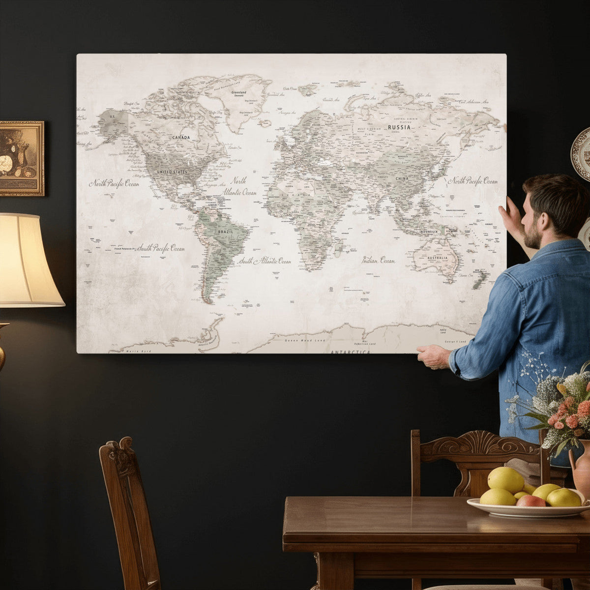 Antique Style World Map Canvas Print - Vintage Detailed