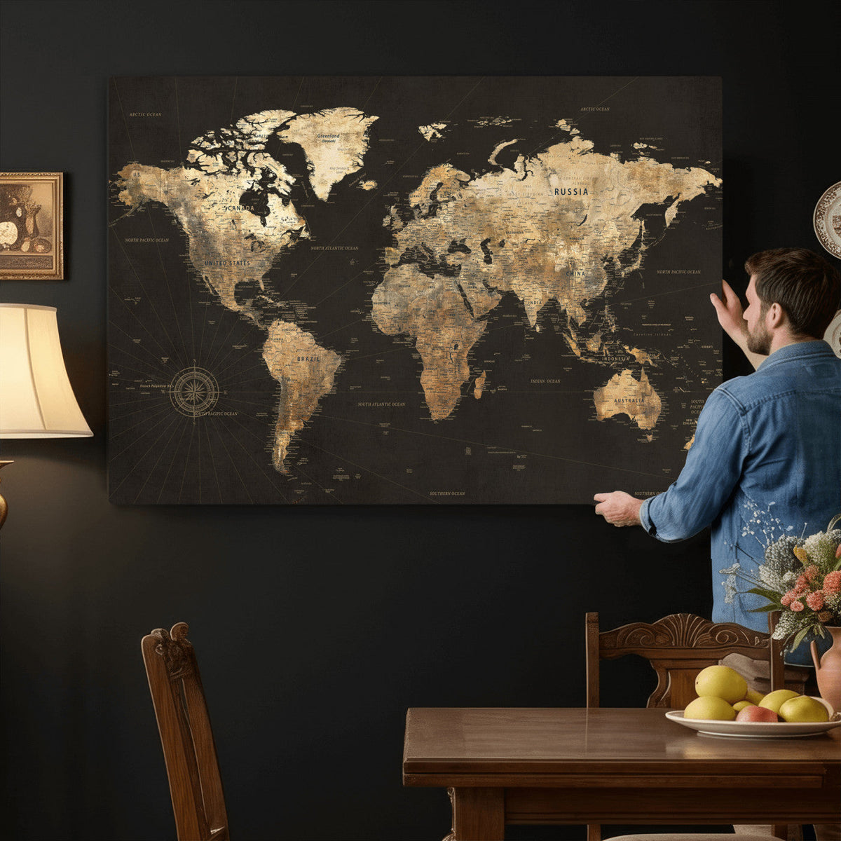 Framed World Map with Pin Canvas Print – Detailed World Map