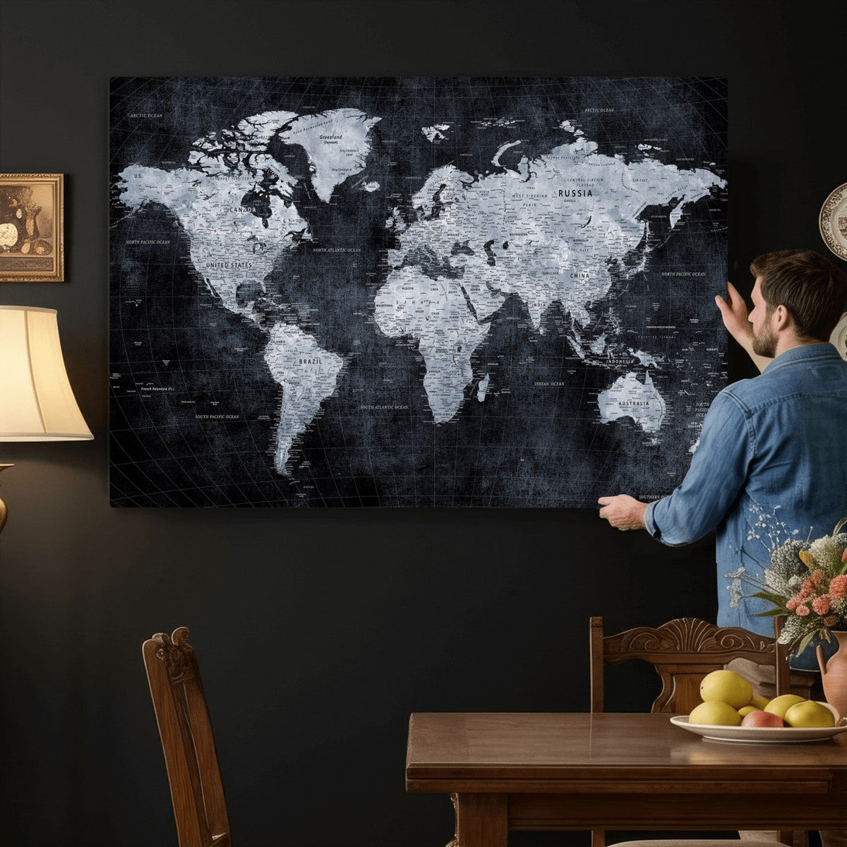 Black World Map Canvas Print – Detailed Map for Couples and