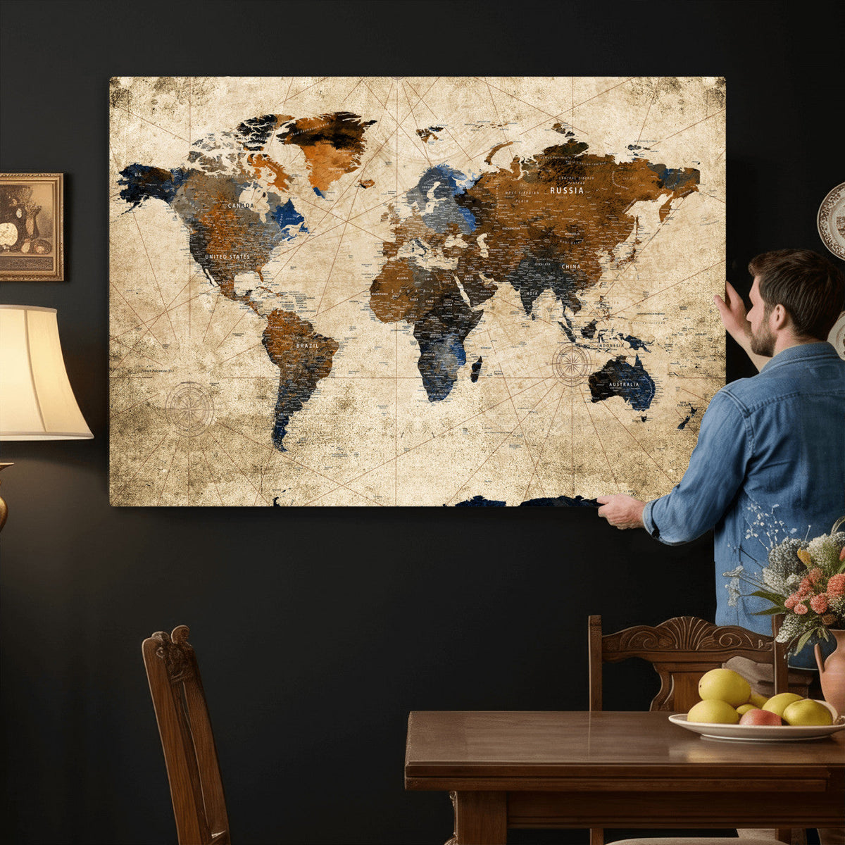 World Map Wall Art Canvas Print, Modern Decorative Framed