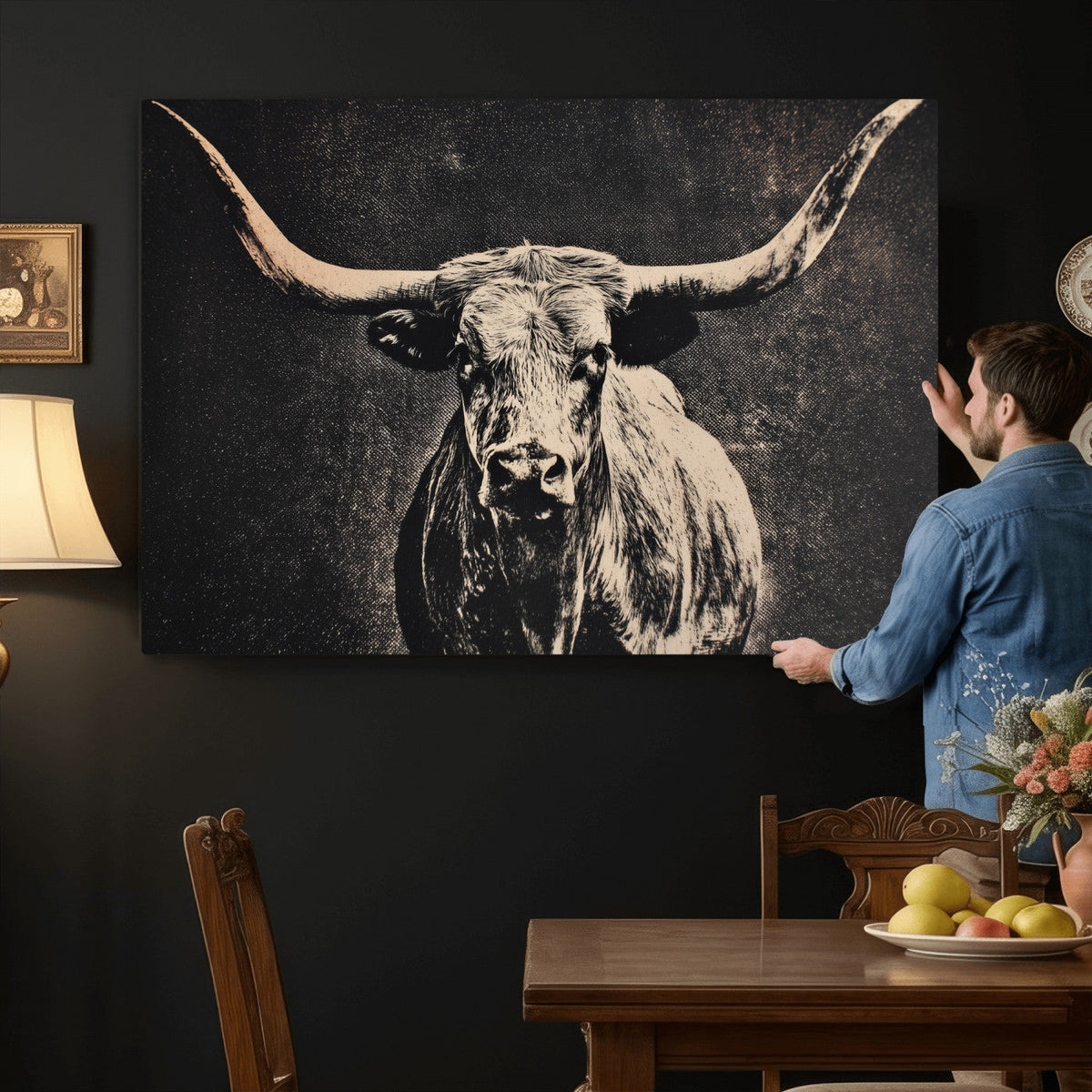 Vintage Texas Longhorn Bull Wall Art Canvas Print, Cow