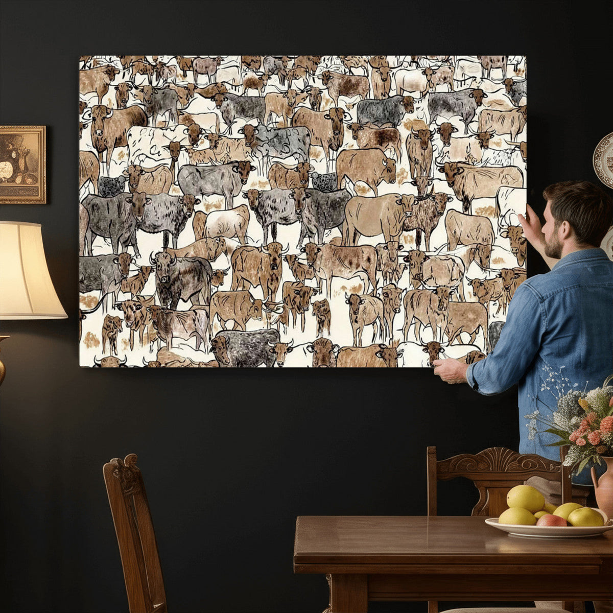 Abstract Longhorn Wall Art Canvas Print - Cow Animal Drawing