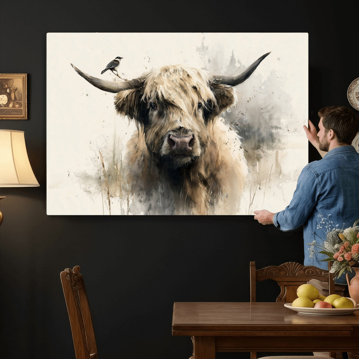 Abstract Highland Cow Wall Art Canvas Print, Rustic Farm