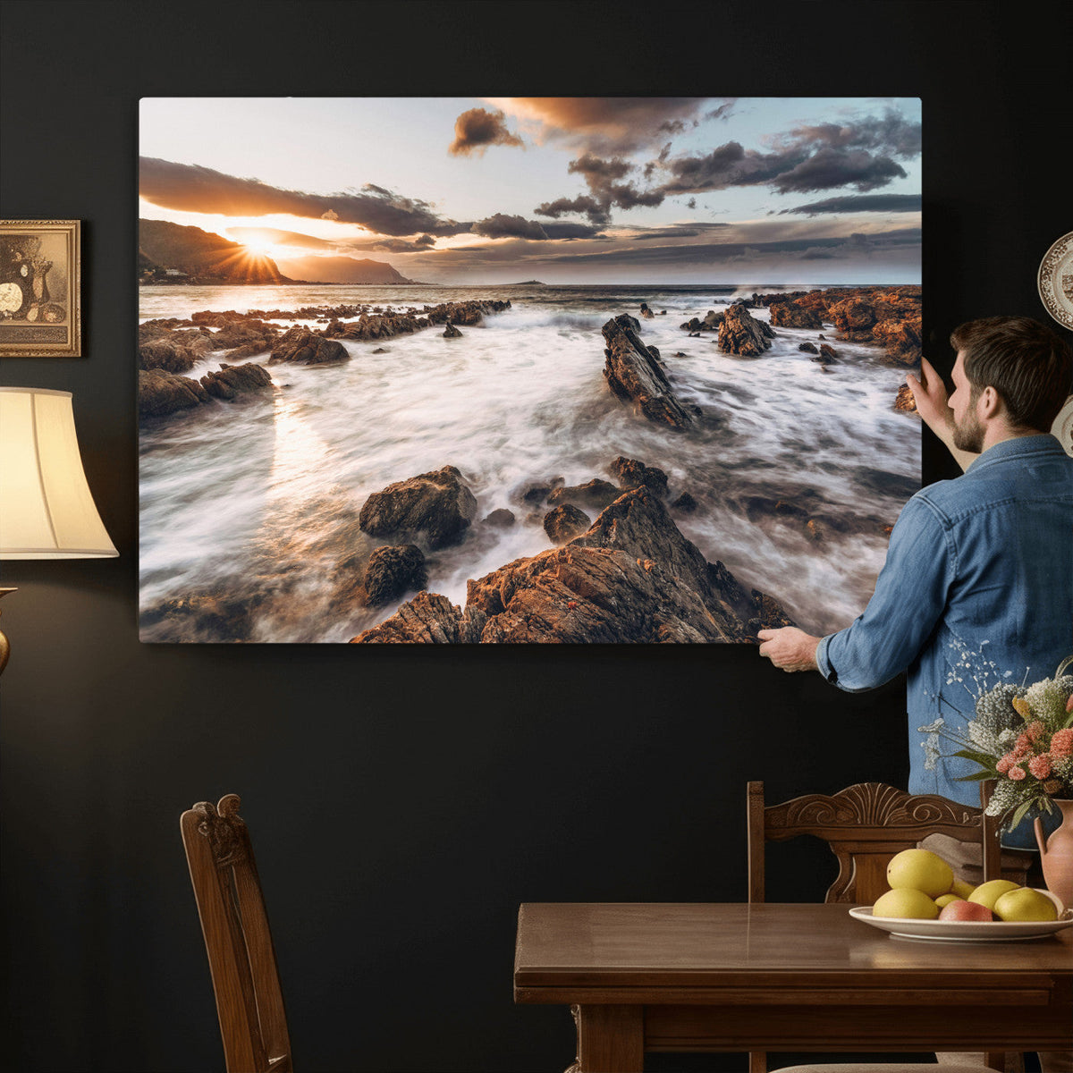 Rocky Coast Ocean Sunset Wall Art Canvas Print, Dramatic