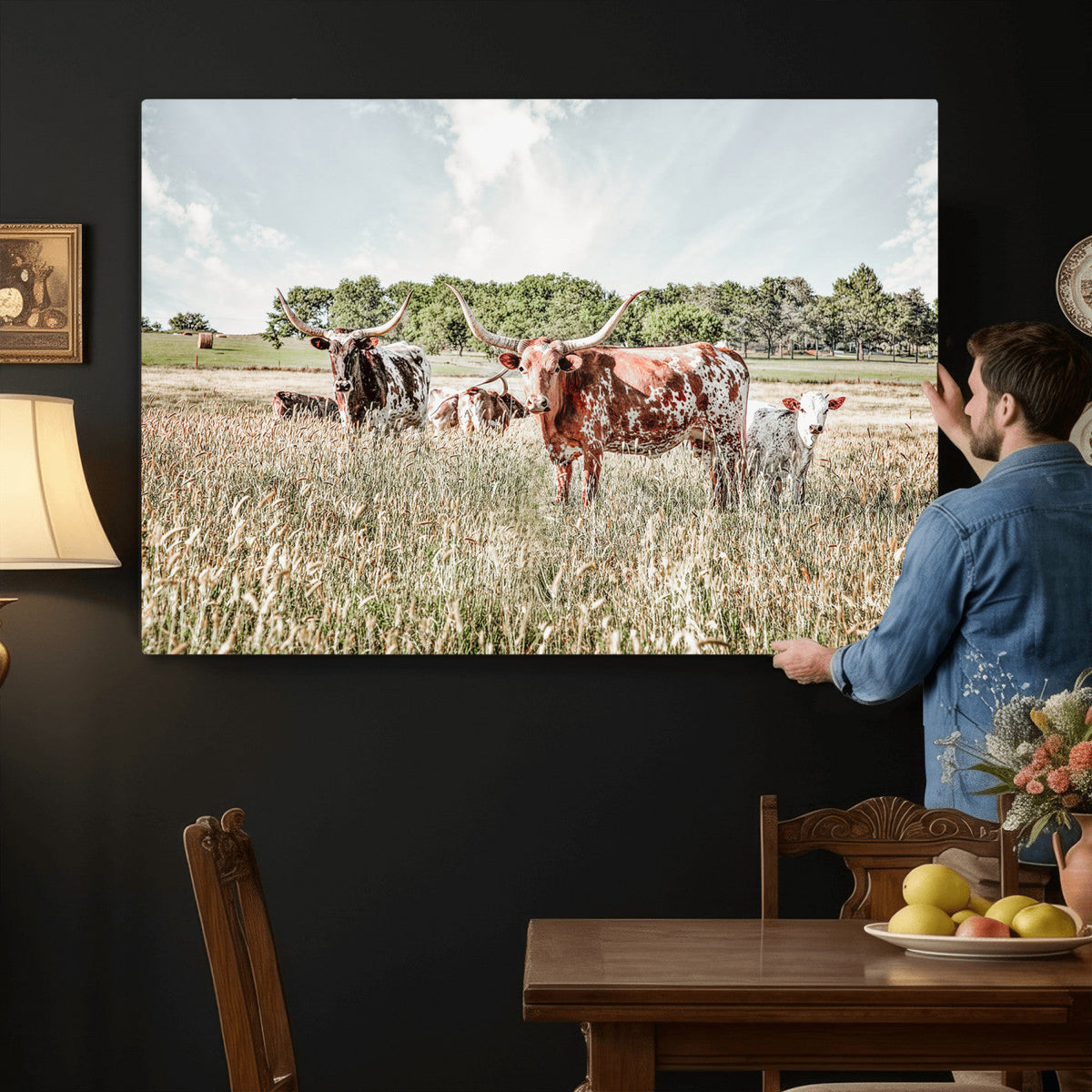 Texas Longhorn Cattle Wall Art Canvas Print, Rustic Ranch