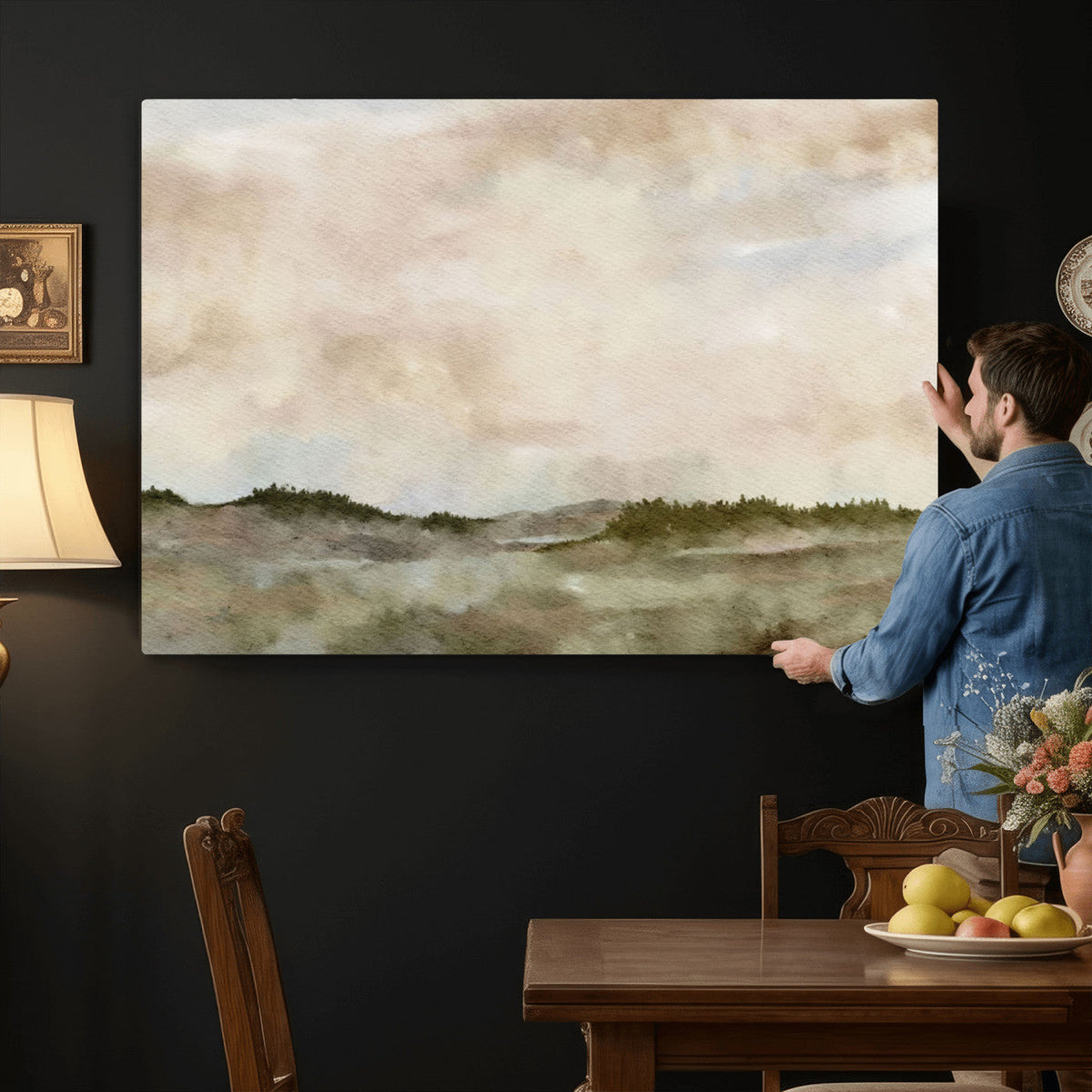 Muted Watercolor Hill Landscape Print — Beige Taupe Cloudy