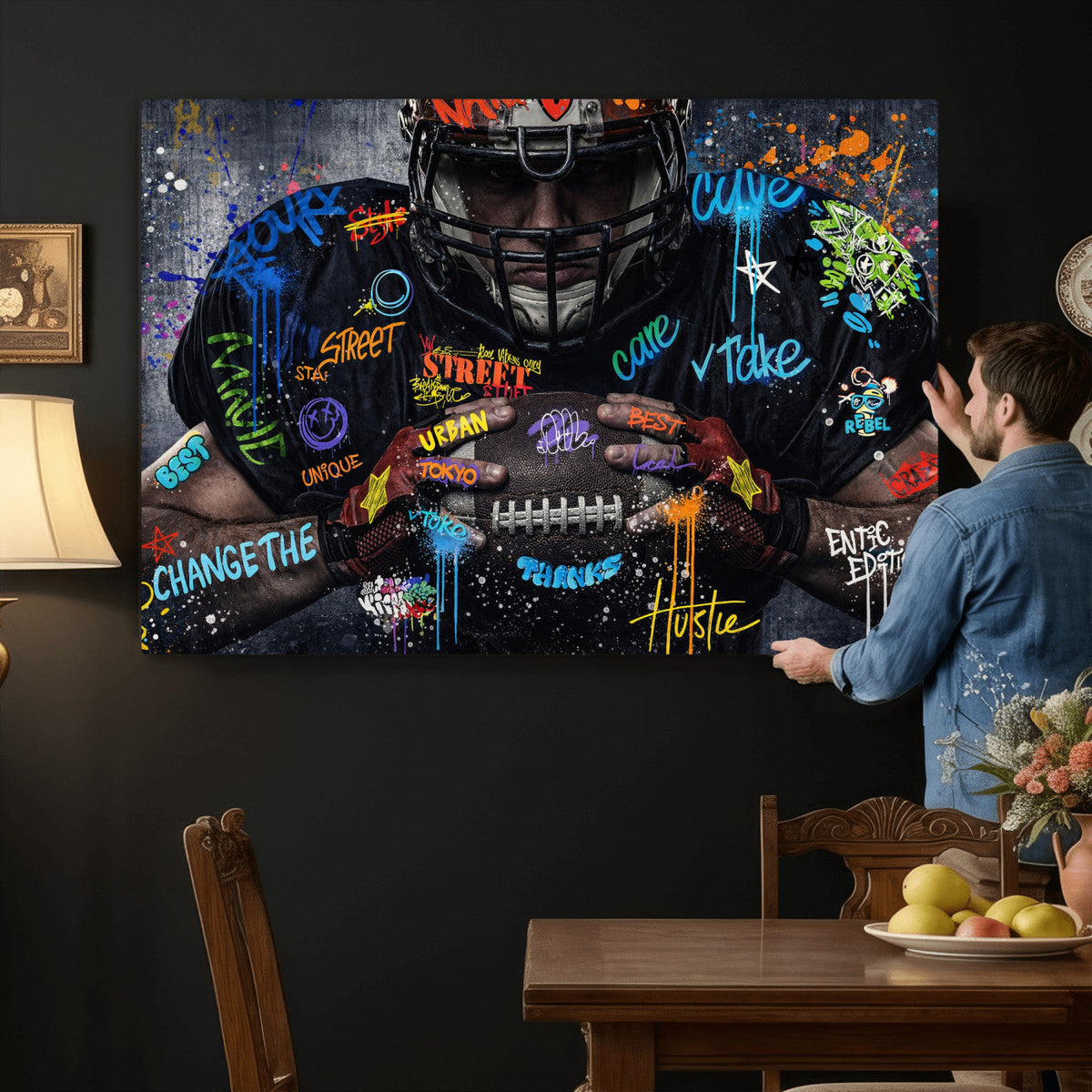 Graffiti American Football Player Street Art Wall Art Canvas