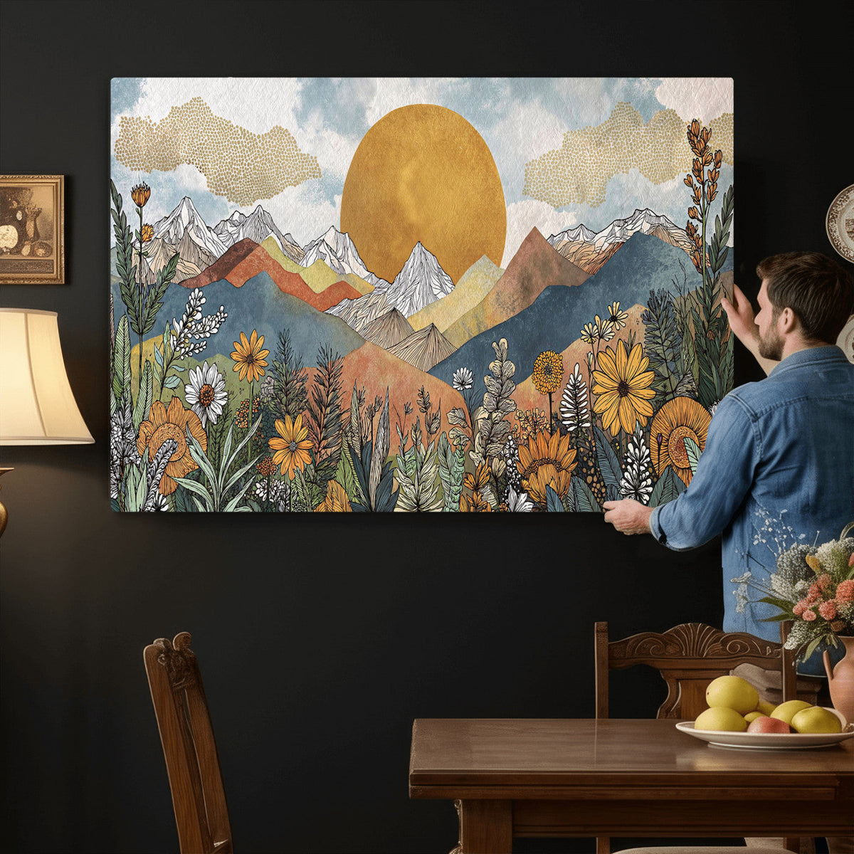 Boho Mountain Landscape Large Wall Art, Horizontal Gold