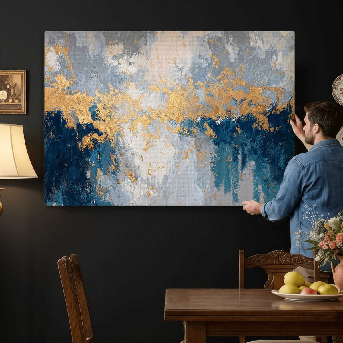 Blue Gold Abstract Large Framed Canvas Wall Art, Modern