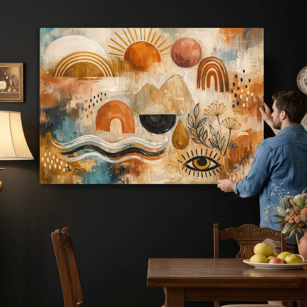 Geometric Boho Abstract Wall Art Canvas Print, Orange Blue