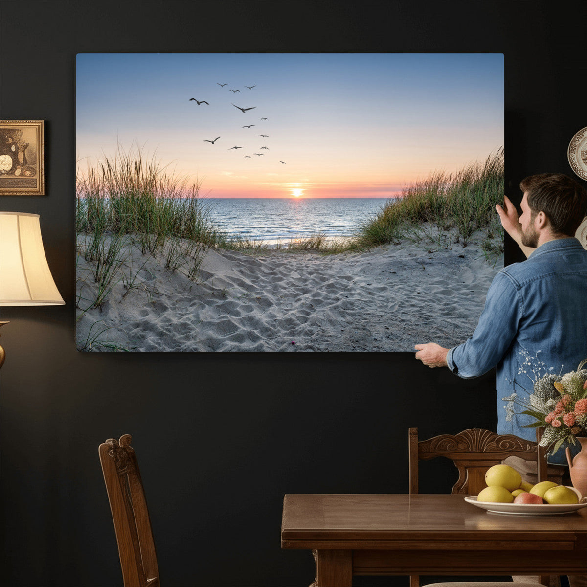 Sandy Dune Path Sunset Canvas Wall Art — Seagulls Beach