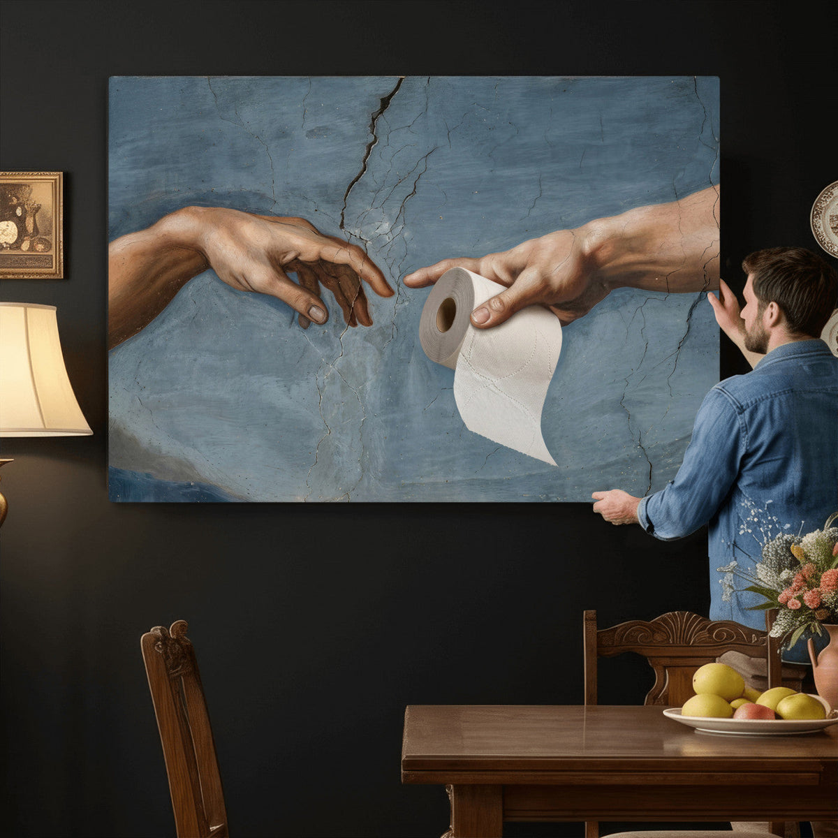 Funny Bathroom Canvas Wall Art, Michelangelo Creation of