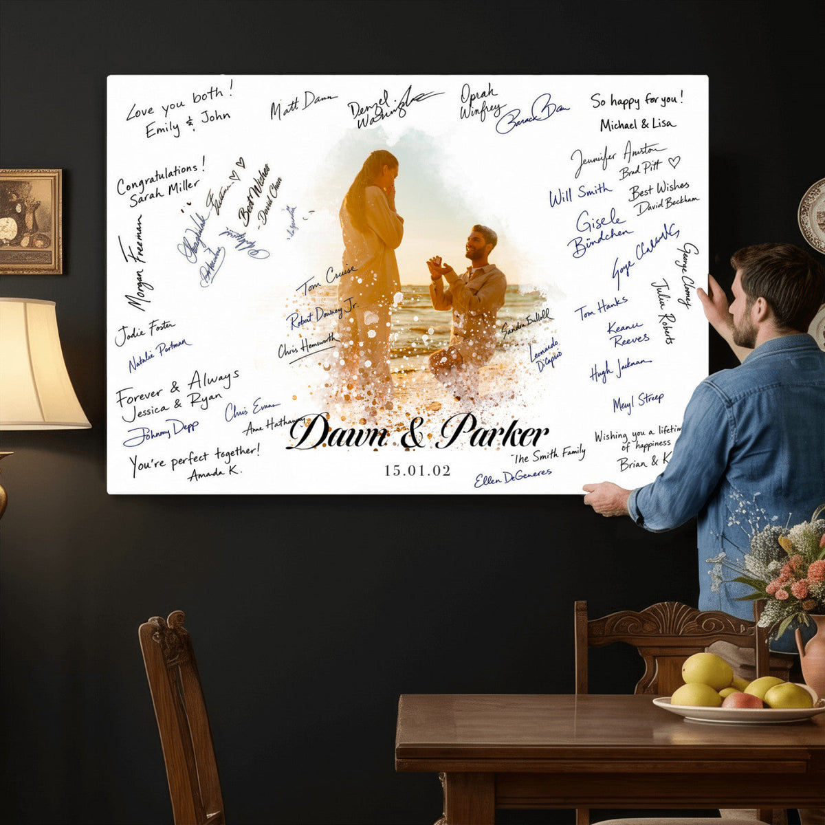 Wedding Guest Book Alternative Wall Art Canvas Print, Personalized Wedding Signature Poster, Custom Couple Photo Guestbook Canvas, Bridal Shower Reception Decor