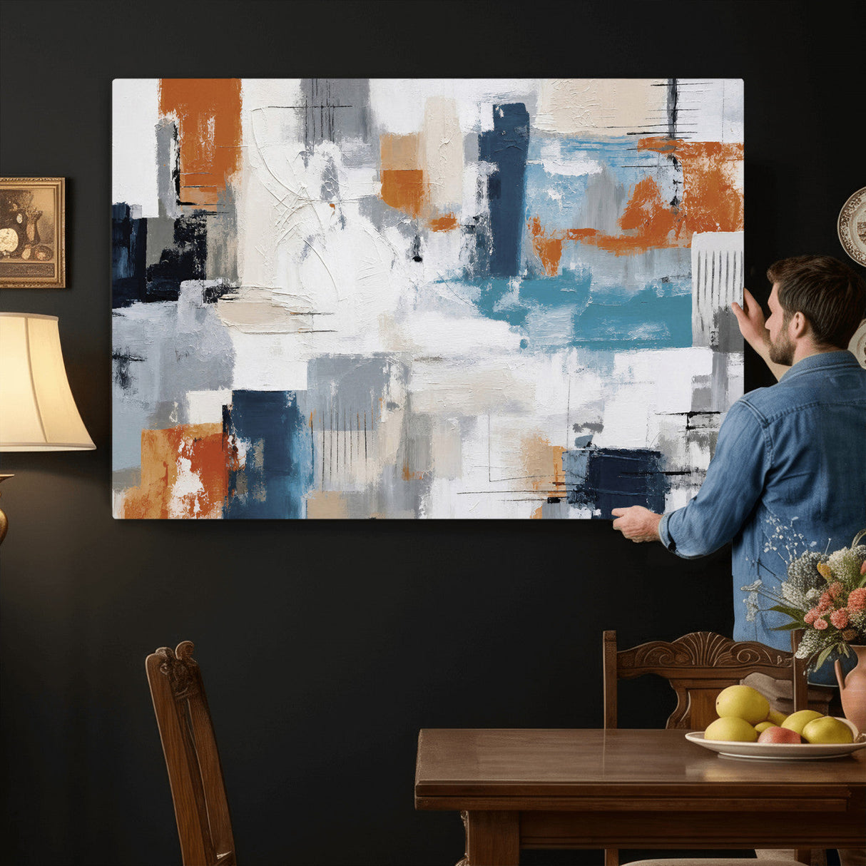 Blue Teal Abstract Canvas Wall Art, Modern Textured Painting Print, Navy Orange White Contemporary Art, Neutral Living Room Decor, Office Art