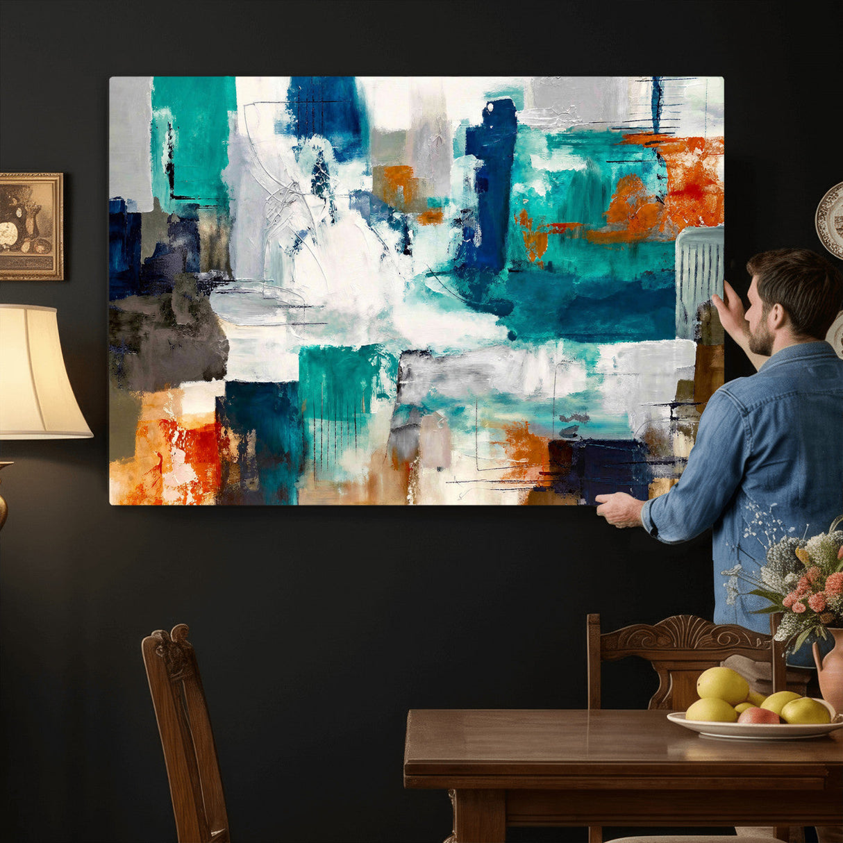 Blue Teal Abstract Canvas Wall Art, Modern Textured Painting Print, Navy Orange White Contemporary Art, Neutral Living Room Decor, Office Art