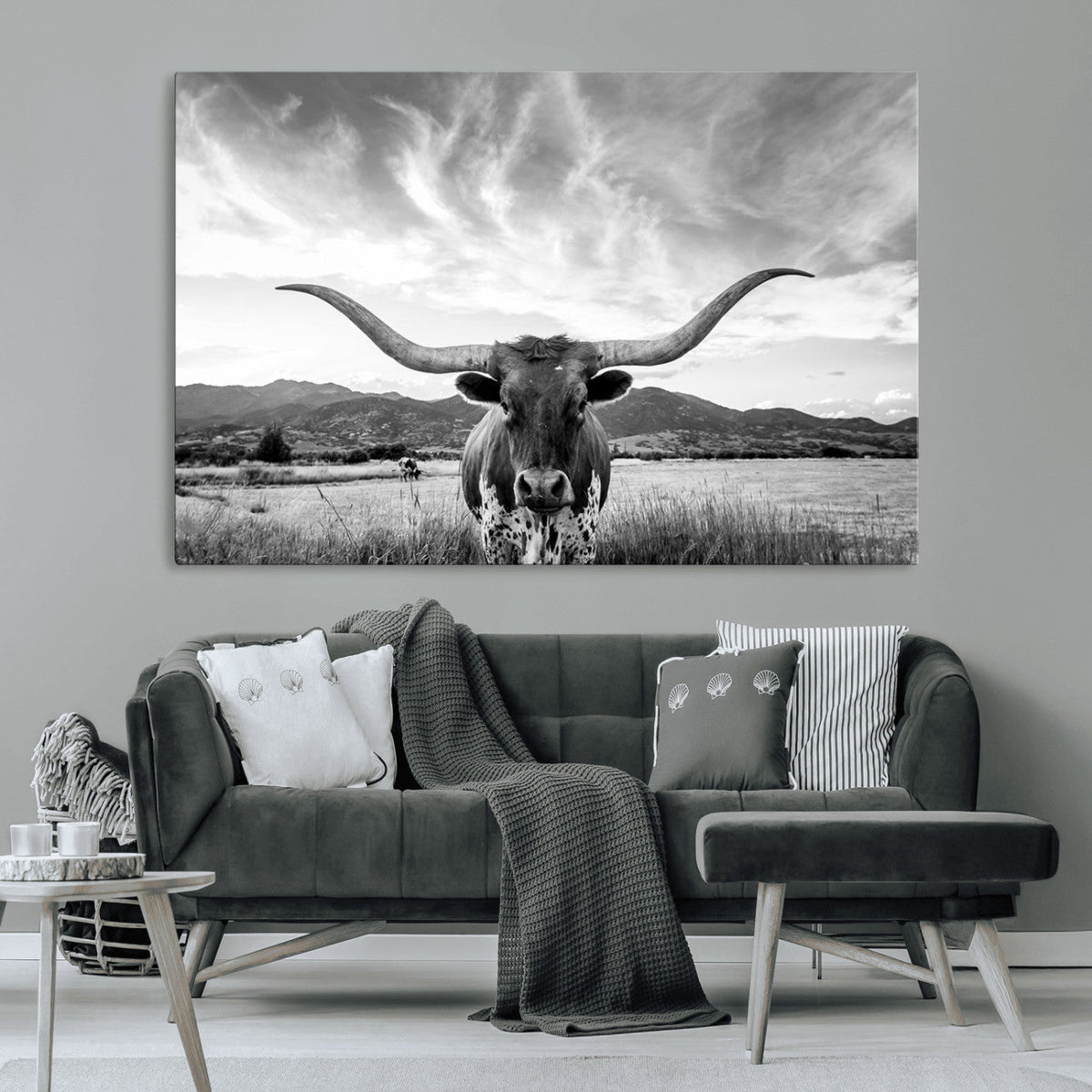 Longhorn Black and White Wall Art – Rustic Western Bull