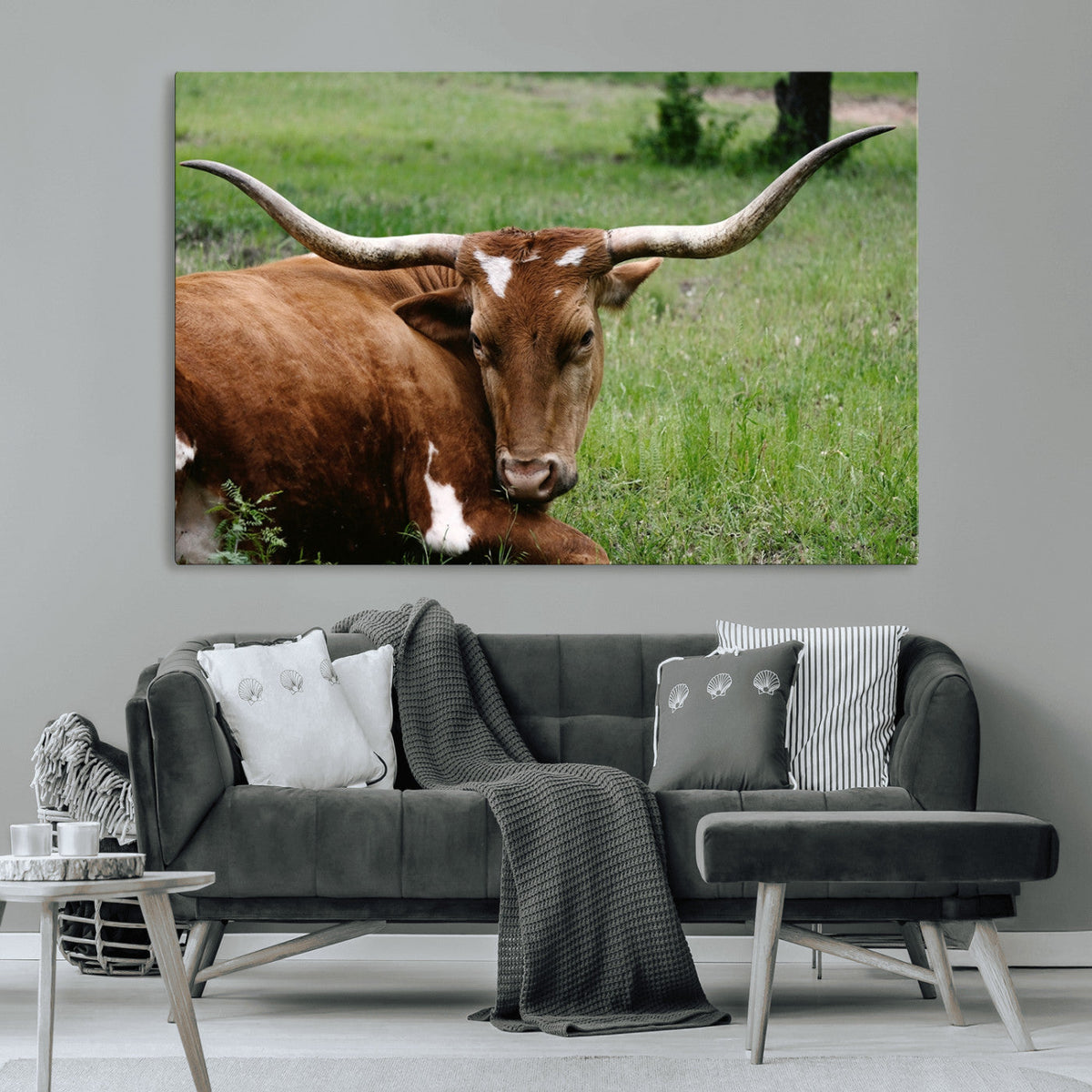 Longhorn Steer Canvas Wall Art – Rustic Nature Triptych