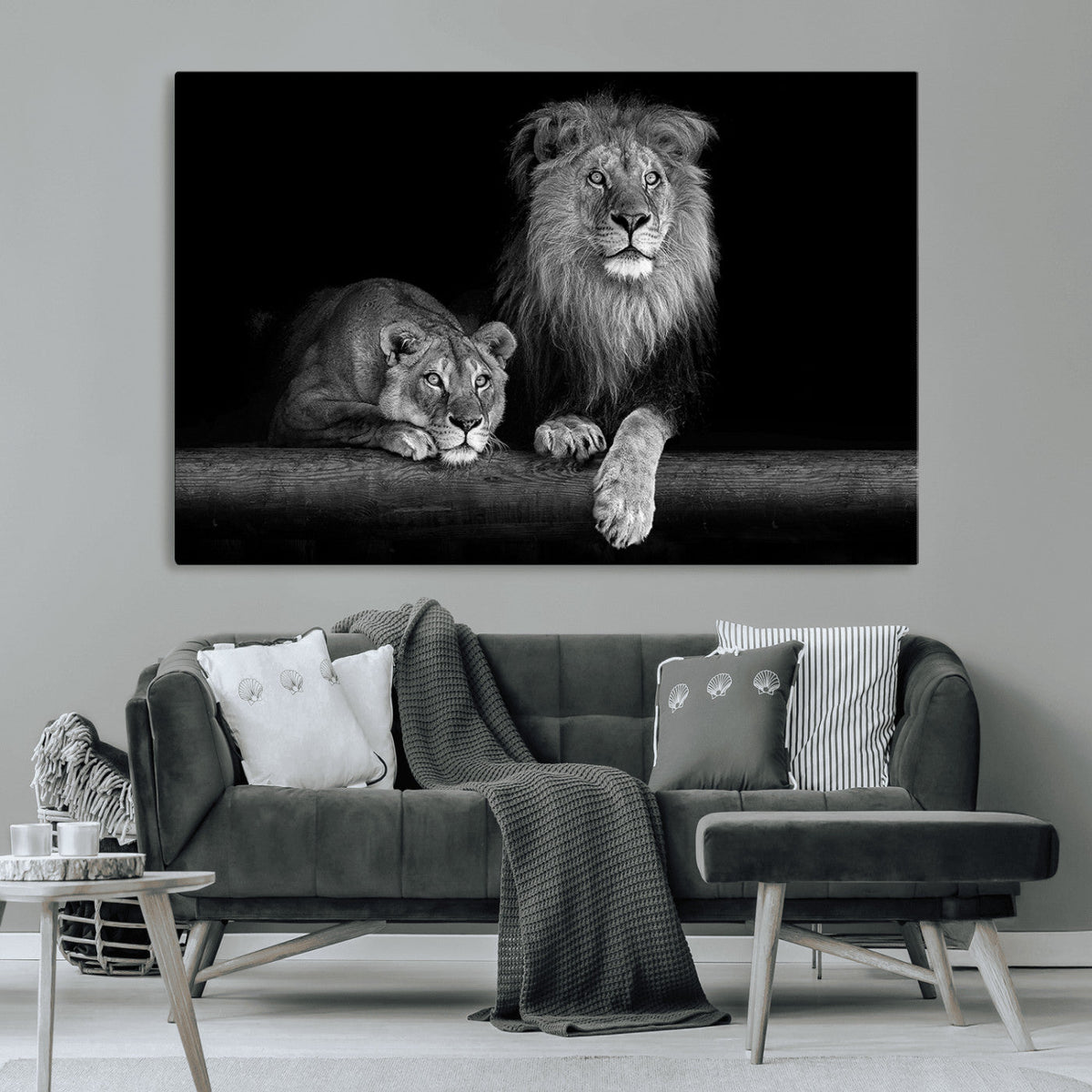 Large Black and White Lion Couple Wall Art Canvas Print –