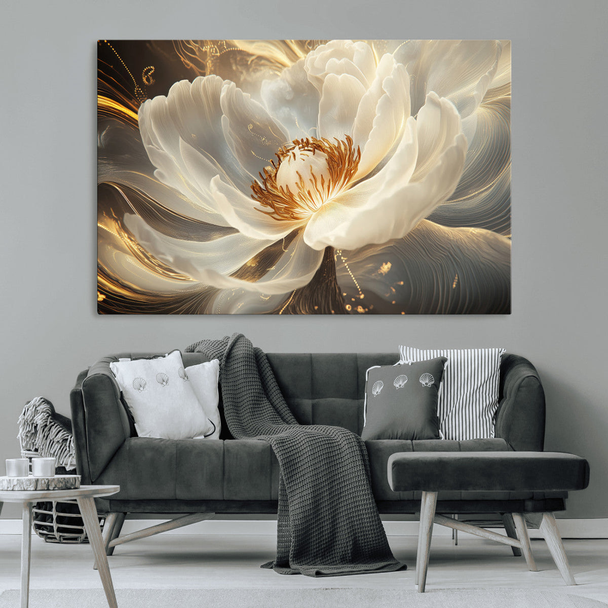 Gold Floral Wall Art Canvas Print, Framed Modern Flower Art