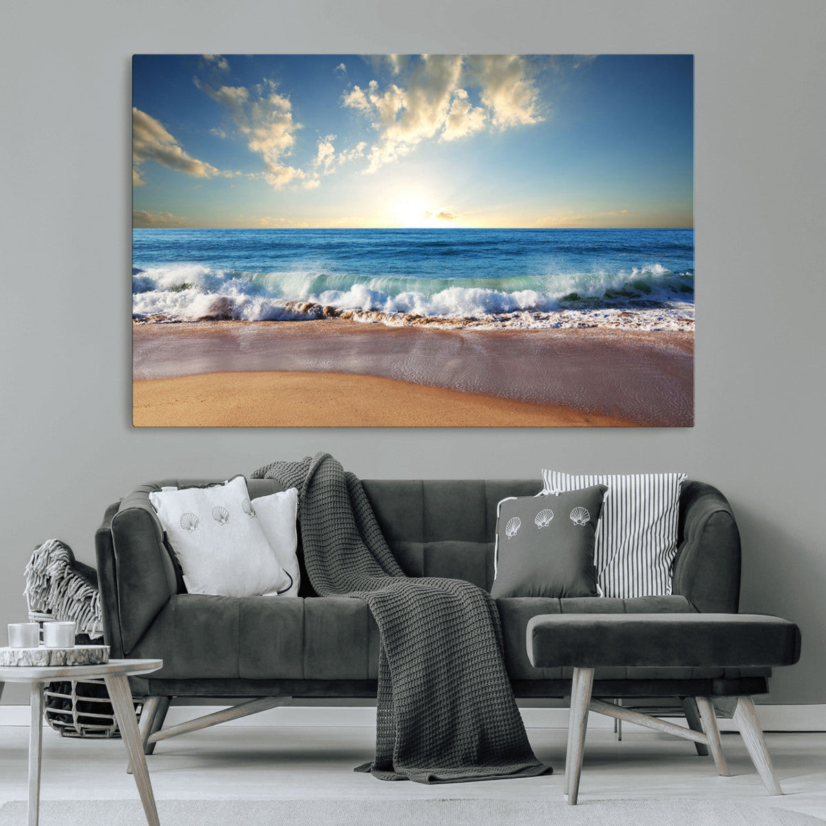 Serene Ocean Sunset Canvas Wall Art - Beach Waves at Sunset,