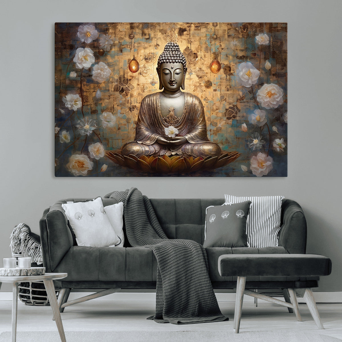 Golden Buddha Wall Art Canvas Print | Zen Meditation Floral